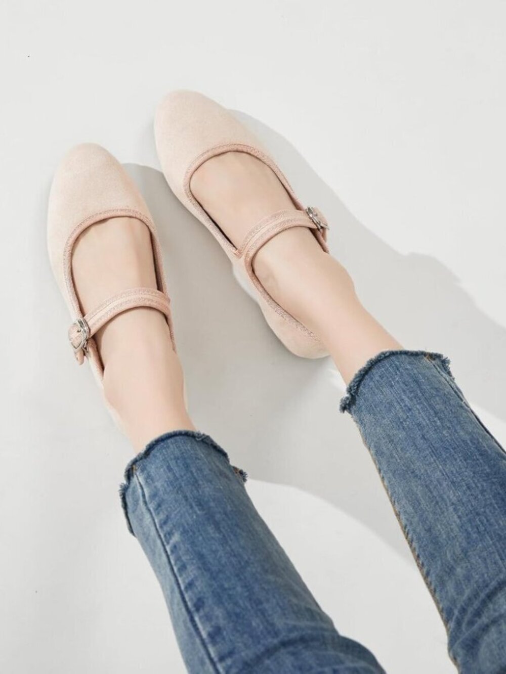Babudog Womens Nude Faux Suede Rounded Toe Mary Jane Ballets Flats with Strap - Picture 9 of 9